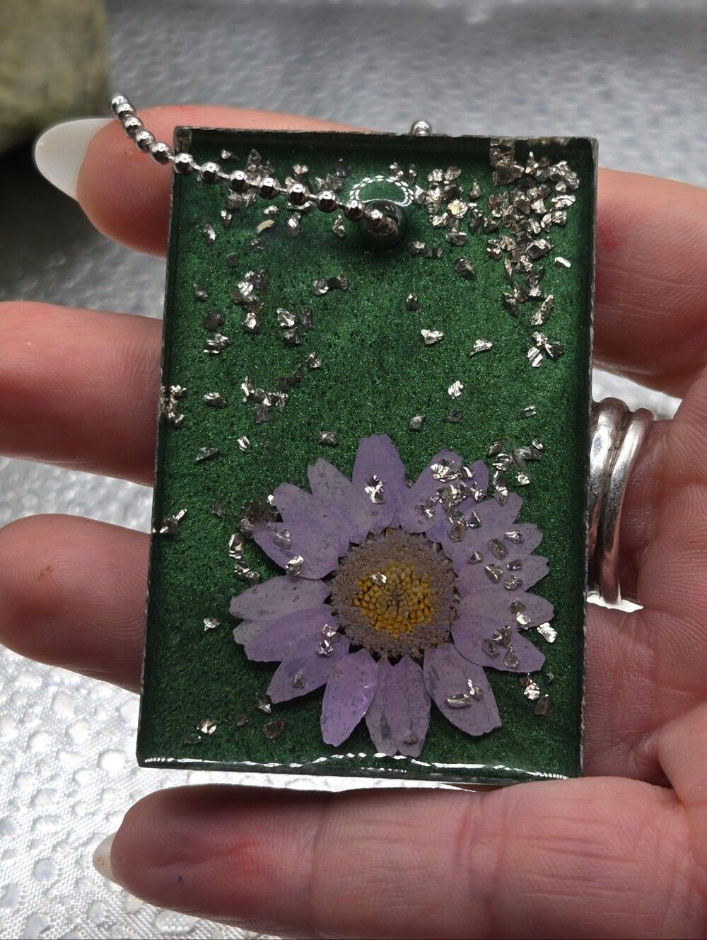 "5/$40" Square Green/Purple Flower Resin Hanging Car Rear View Mirror Charm